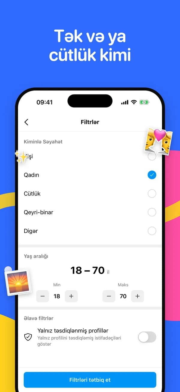 Səyahət yoldaşı, yaş aralığı və təsdiqlənmiş profil filtrləri