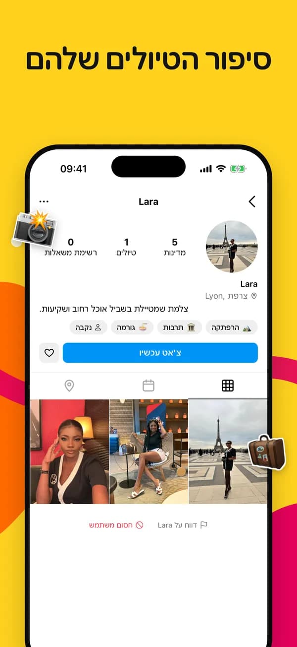 פרופיל מטייל עם המדינות שביקר בהן ורשימת משאלות