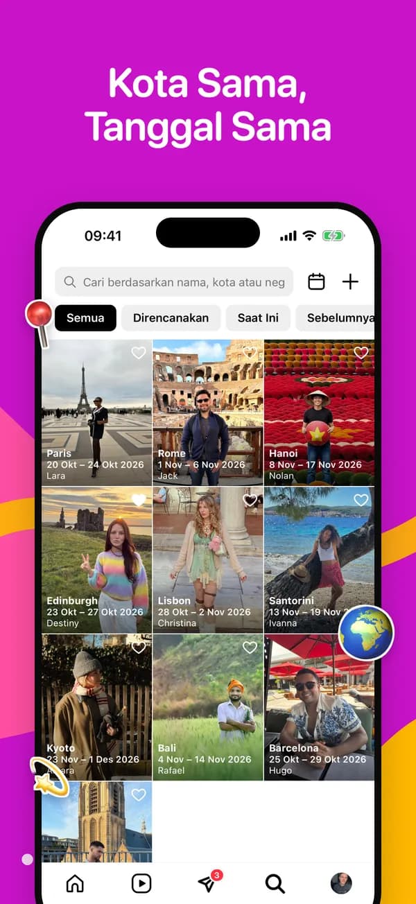 Kisi Jelajahi Perjalanan yang difilter berdasarkan kota dan tanggal