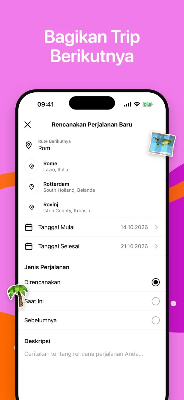 Merencanakan perjalanan baru dengan saran kota dan tanggal