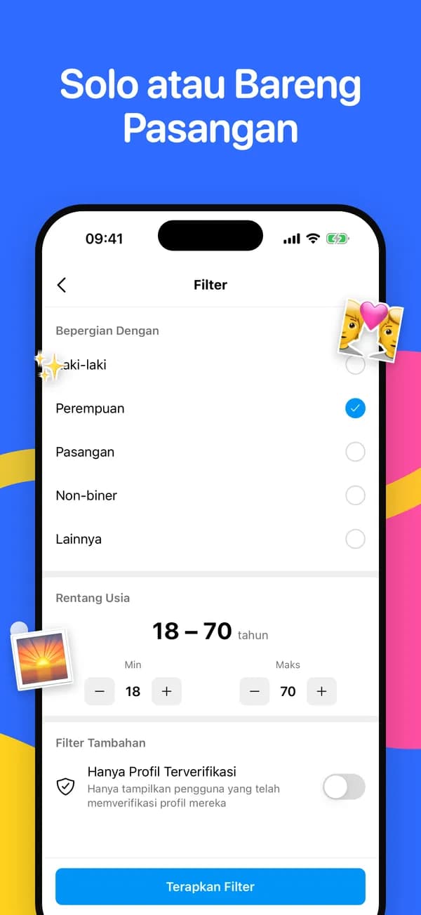 Filter teman perjalanan, rentang usia, dan profil terverifikasi