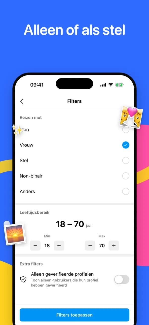 Filters voor reisgenoten, leeftijdsbereik en geverifieerde profielen