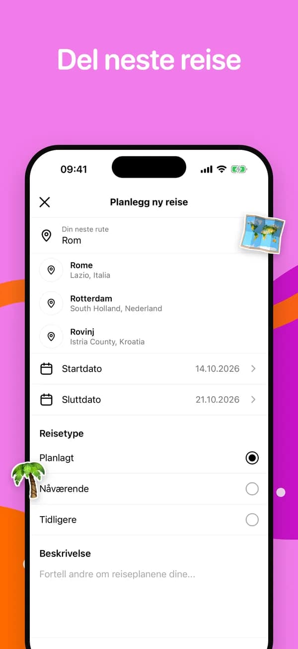 Planlegging av en ny reise med byforslag og datoer