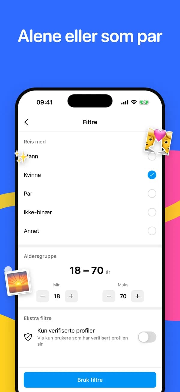 Filtre for reisefølge, aldersspenn og verifiserte profiler