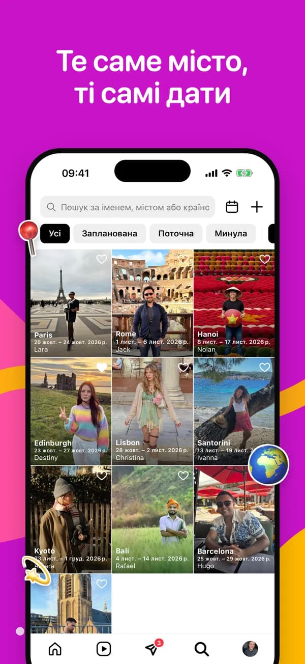 Сітка «Огляд подорожей» із фільтром за містом і датами