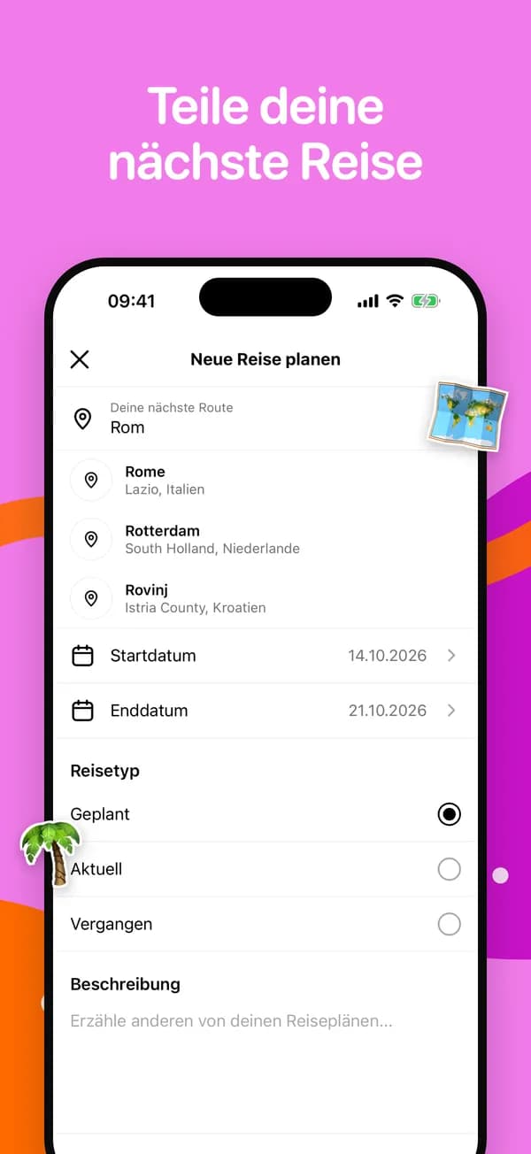 Neue Reise planen mit Städtevorschlägen und Reisedaten