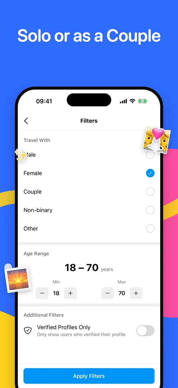 Filters for travel companions, age range and verified profiles