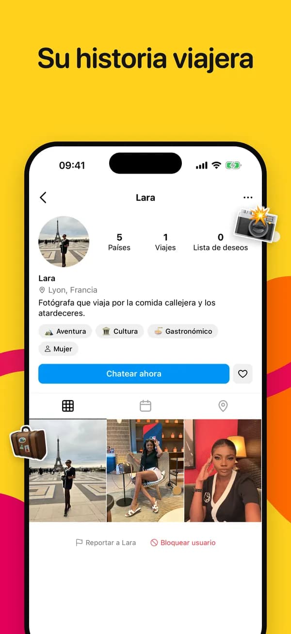 Perfil de viajero con países visitados y lista de deseos