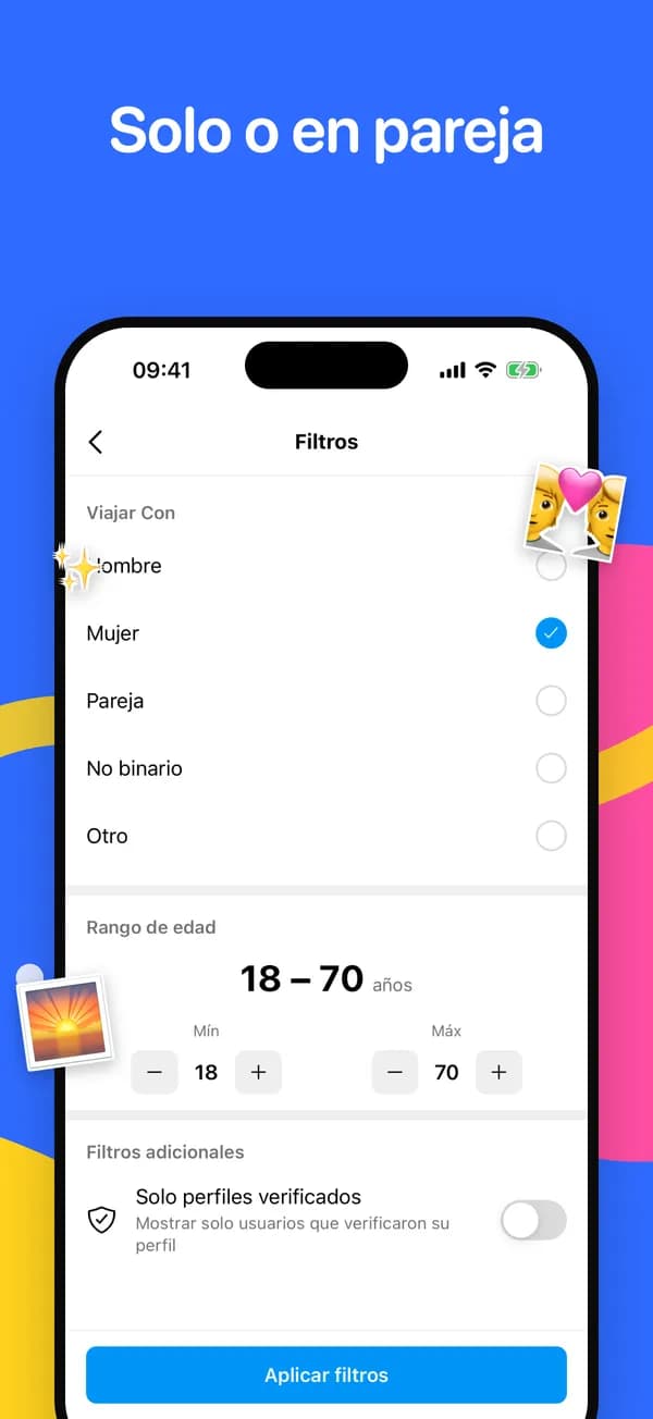 Filtros de compañeros de viaje, rango de edad y perfiles verificados