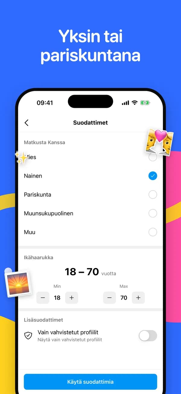 Suodattimet matkaseuralle, ikähaarukalle ja vahvistetuille profiileille