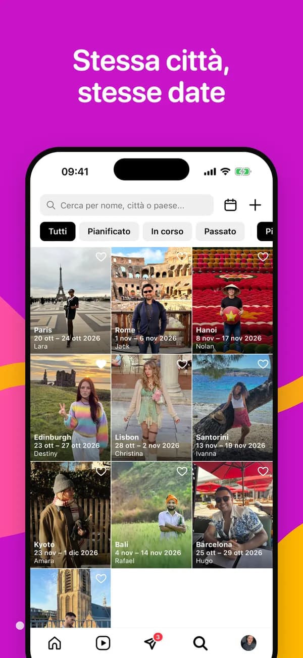 Esplora viaggi, con filtri per città e date