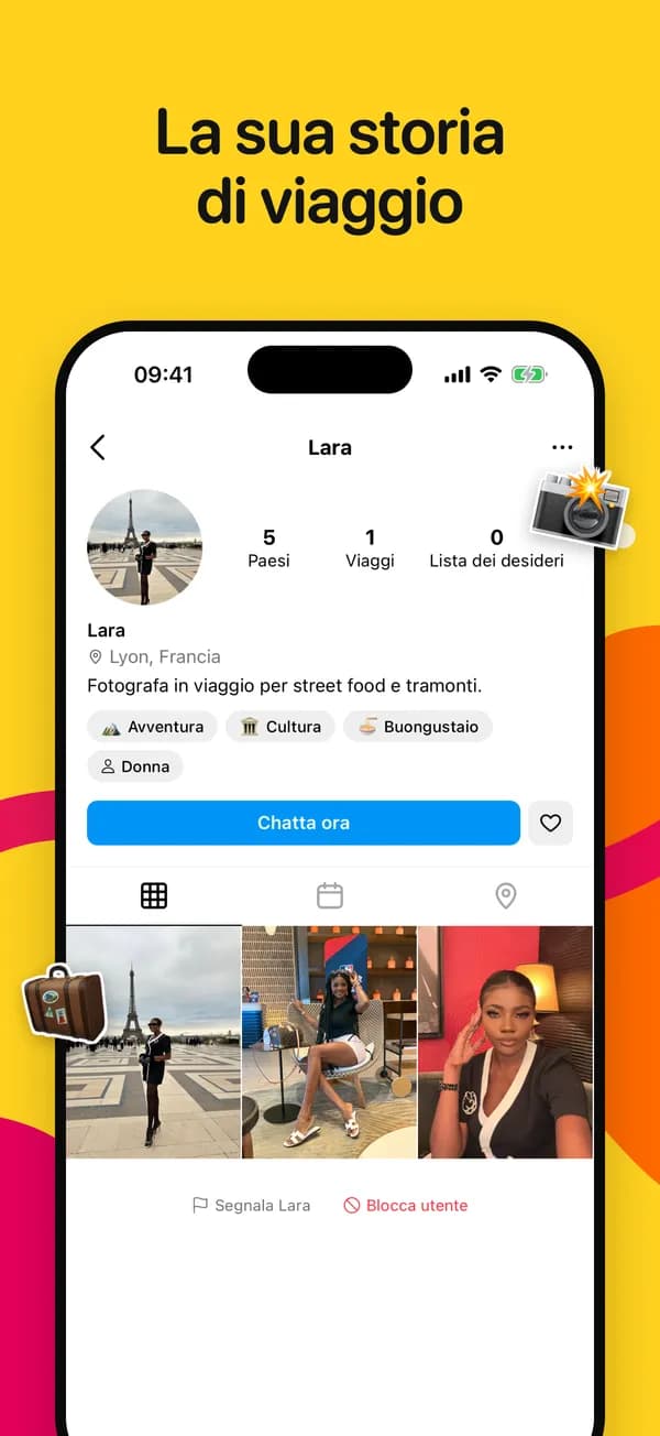 Profilo del viaggiatore con paesi visitati e lista dei desideri