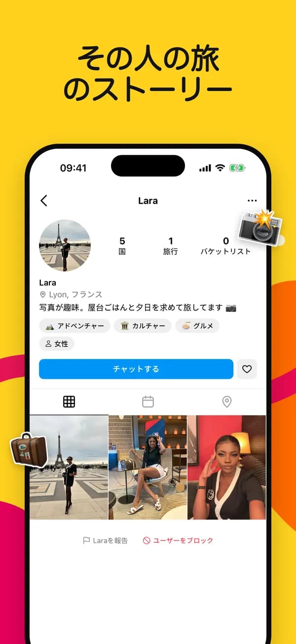 訪れた国とバケットリストが載った旅行者プロフィール