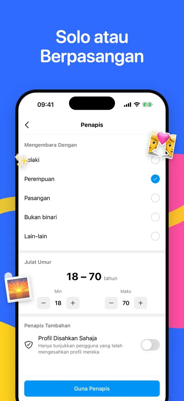 Penapis untuk teman perjalanan, julat umur dan profil disahkan