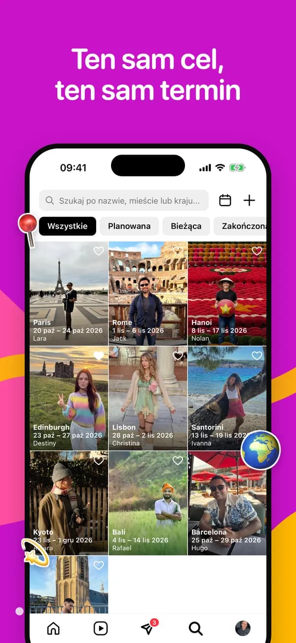 Siatka „Przeglądaj podróże” filtrowana według miasta i dat