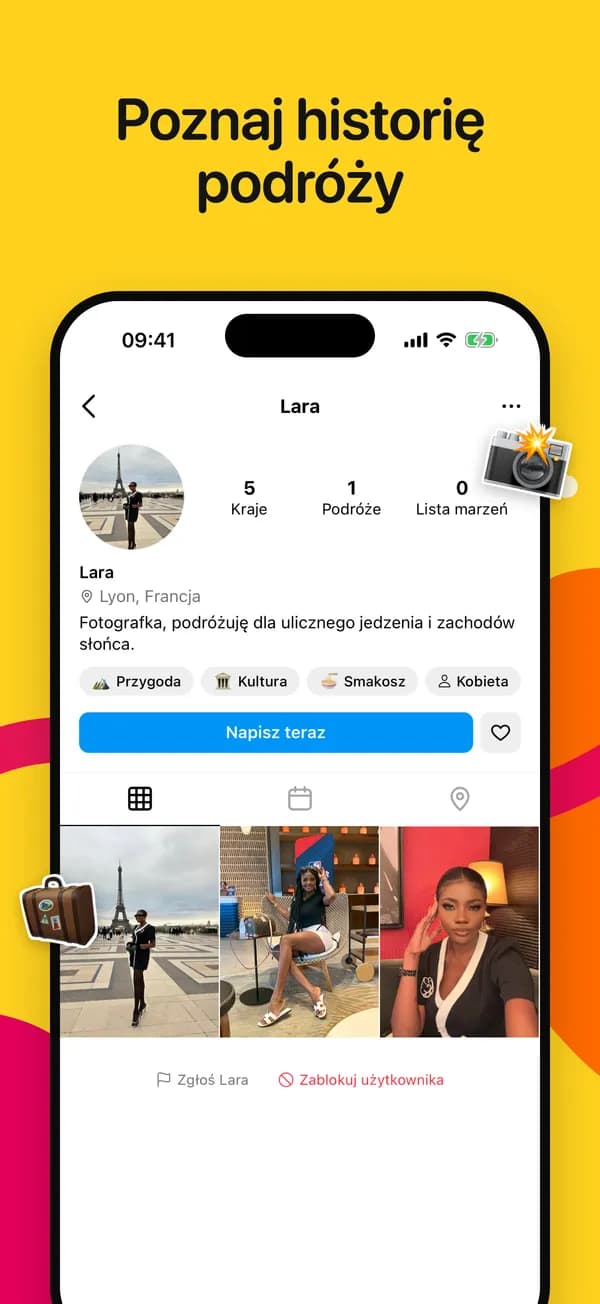 Profil podróżnika z odwiedzonymi krajami i listą marzeń
