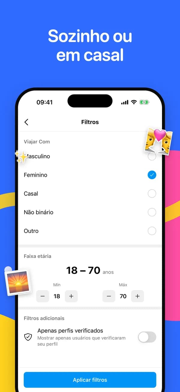 Filtros de companheiros de viagem, faixa etária e perfis verificados