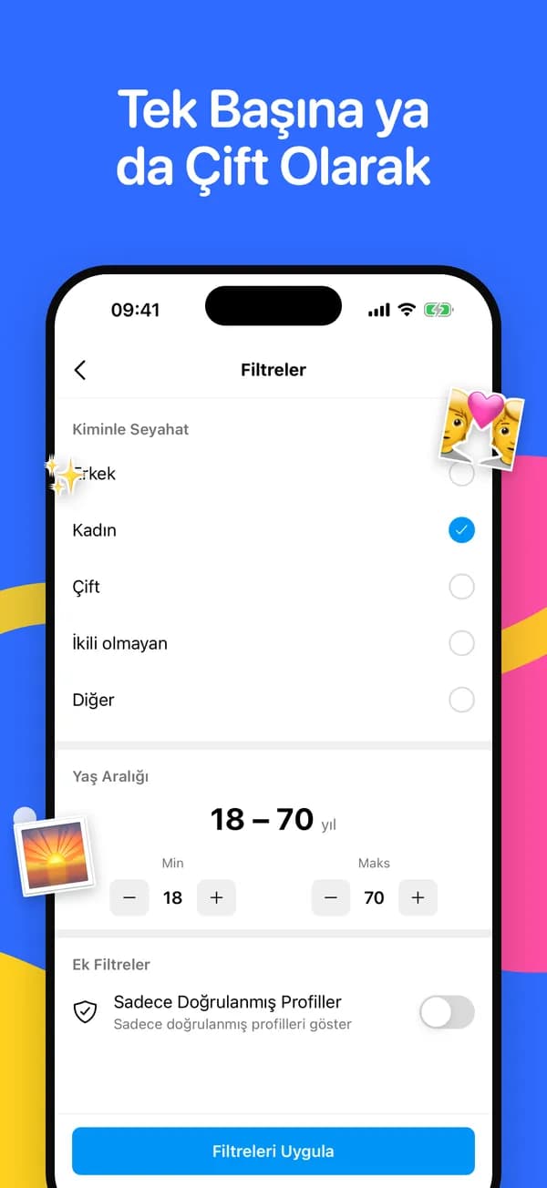 Yol arkadaşı, yaş aralığı ve doğrulanmış profil filtreleri